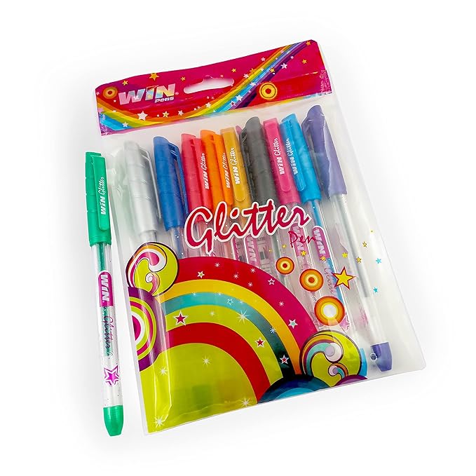 WIN Glitter Pens Multicolour Ink Pens | 10 Assorted Colours | Pens for Writing | 1 mm Tip | Sparkle Gel Ink | Gift for Kids | For Art & Craft | Colour Pens for Notes | Stationery Items(Pack of 1)